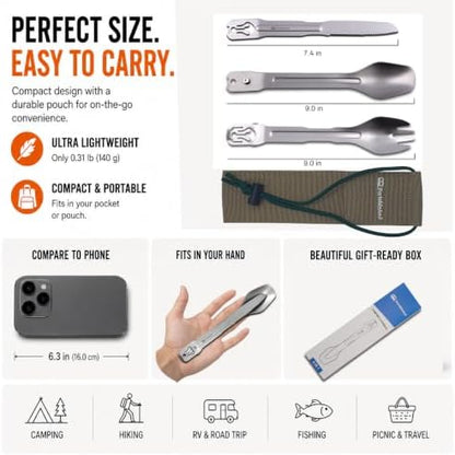 Camping Cutlery Set with Built-in Tongs, 4-in-1 Camping Utensils, Spoon Fork Knife Combo, Compact Stainless Steel Flatware for Camping, Backpacking, Hiking, Picnic, RV & Trave (1-Pack)