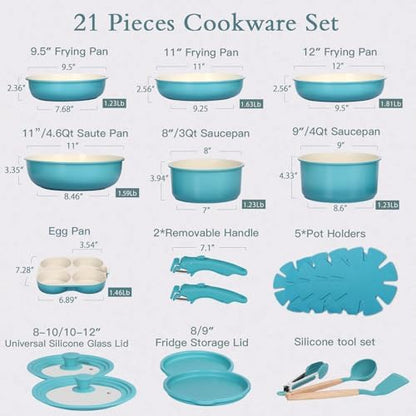 GIPP Pots and Pans Set Non Stick,Kitchen Cookware Set Detachable Handle, Non Toxic Cooking Pan Set with Frying Pans Set,RV Cookware Sets for All Stoves, Light Blue Gradient, 21PCS