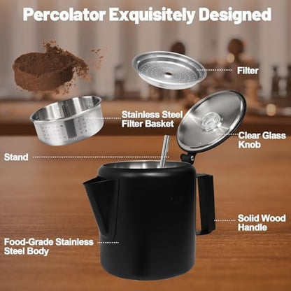 6 Cup Percolator 304 Stainless Steel Coffee Pot Coffee Maker Coffee Machine with Solid Wood Handle Transparent Knob Stovetop Greca Mocha for Induction Home and Camping 1000ml 33.8oz Black