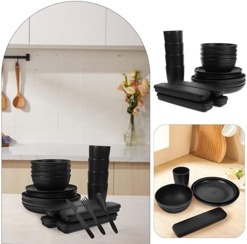 Toyvian 4 Sets Camping Tableware Set with Bowl, Plate, Cup, Spoon, Fork, and Cutter in Black, Made of Sturdy Pp Material, Easy to Clean and Burr-free Utensils for Outdoor Hiking and Picnic