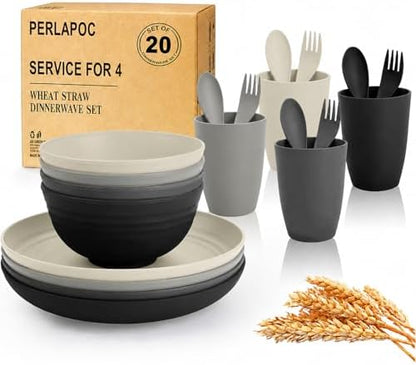 20 PCS Wheat Straw Plates and Bowls Sets,Kids Dishes Dinnerware Sets for 4,Unbreakable Kitchen Plates and Bowls Set for Travel Dishwasher & Microwave Safe Lightweight Dishes Set - BlackGrey