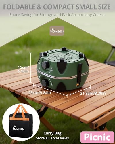 HOMGEN Portable Dual Burner Propane Stove - 20,000 BTU Foldable Camping Stove with Piezo Ignition- Portable 2 Burner for Camping/Hiking/Picnic/RV Travel Trip-Includes Storage Bag & Hose (Green)