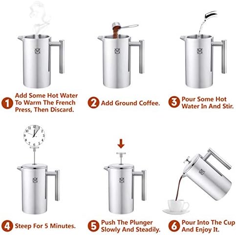 French Press Coffee Maker – 2 Cups Small Stainless Steel Coffee Maker Double Walled French Press 750ML/24OZ