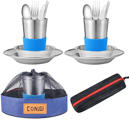 Outdoor Camping Mess Kit - 1 to 2 persons Camping Dishes Includes Cups, Bowls, Dishes, Knives, Forks, Spoons, Etc, Camping Dinnerware Set with Mesh Bag is Easy to Carry Camping Tableware Set