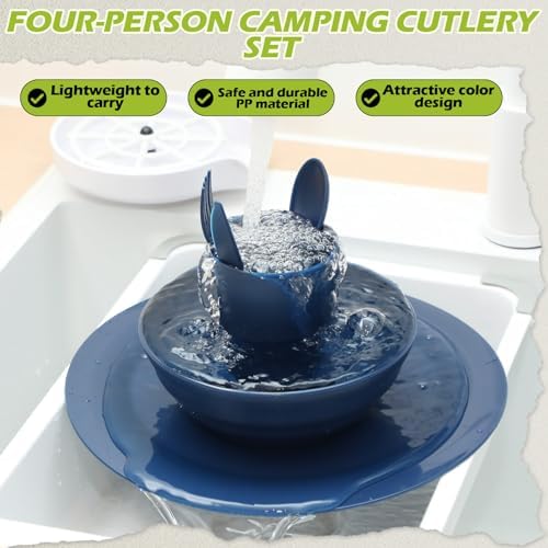 Tioncy 29 Pcs Dinnerware Set for Camping 4 People Camping Bowls Plates Cups Utensils Set Plastic Reusable Unbreakable Dish Sets with Drawstring Bag for Travel Picnic Outdoor Dishwasher Safe