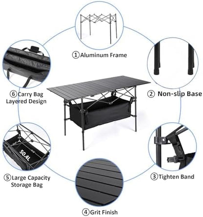 Moosinily Camping Table 4Ft Lightweight Metal Folding Picnic Camp Table Portable Roll-Up Design for Outdoor, Camp, Beach, BBQ, Patio, and Picnic with Carrying Bag 47.2''x21.6''x 19.69''