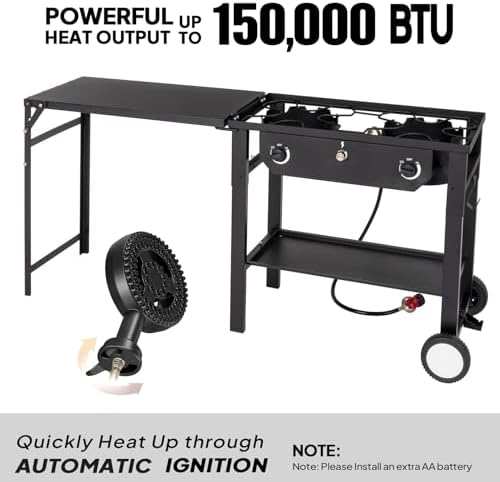 Bonnlo 2 Burner Propane Gas Stove with Work Station & Auto Ignition, 150,000 BTU Portable Camping Stove with Wheels & Regulator, Outdoor Propane Stove for Backyard Patio Cooking BBQ