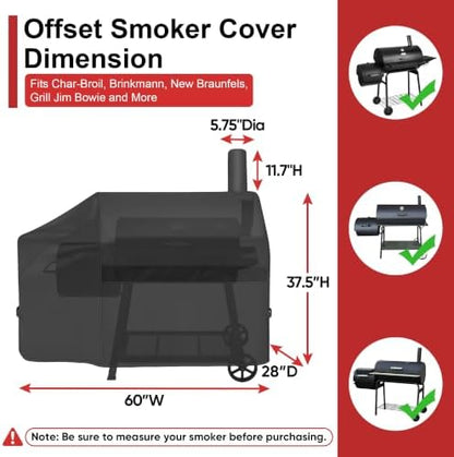 iCOVER Offset Smoker Cover 60 inch, Grill Cover with Smoke Stack, Heavy Duty Waterproof 600D Offset Grill Cover, for Brinkmann, Grill Jim Bowie, New Braunfels, Oklahoma Joe's