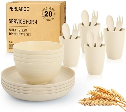 Kitchen Wheat Straw Dinnerware Sets for 4, Unbreakable Kids Dish Set 20 PCS - Dinner Plate/Cereal Bowl/Cup/Fork/Spoon, for Outdoor Camping, RV, Apartment Essentials - Beige