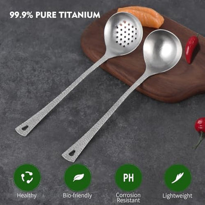 ZING TTI Titanium Ladle Set, Reusable Metal Hot Pot Ladle with Slotted Spoon, Fish Scale Texture Design for Stirring & Serving Soup, 2-Piece Kitchen Utensils (10.4 Inch) (Titanium crystal model)