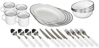 Stansport Deluxe 24-Piece Enamel Tableware Set - Enamel Plates and Bowls Lightweight and Durable Camp Dish Set for Camping and Backpacking Plates and Bowls for 4 People