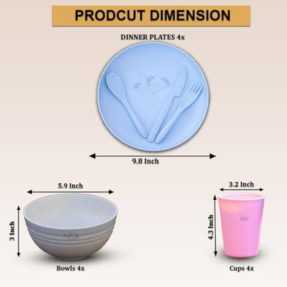 24 Pcs Wheat Straw Dinnerware Sets for 4-Unbreakable Reusable Plates and Bowls Sets Lightweight BPA Free,Microwave Safe,RV Camping Colourful cups Dishes for Dessert with Knife Fork