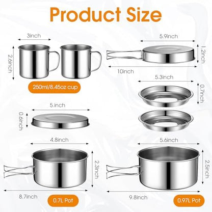 Funnymoom 15 Pcs Camp Cooking Set Stainless Steel Camping Cookware Mess Kit with Pot Pan and Stove 2 Set Stainless Steel Cups Plates Forks Knives Spoons for Camping Backpacking Outdoor Cooking Picnic