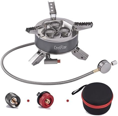6800W Windproof Camping Stove with Adapters, Foldable Backpacking Triple Burner with Portable Case, Piezo Ignition, Compatible with Propane, Butane, and Isobutane for Hiking, Camp Cooking