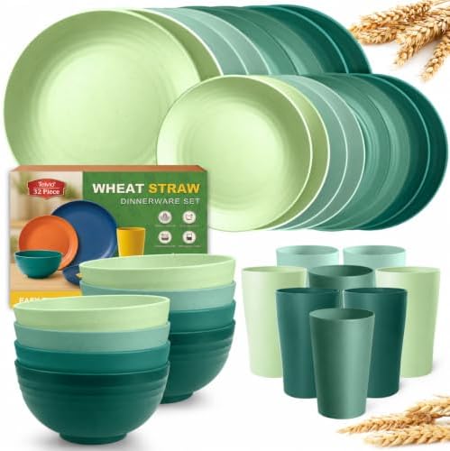Teivio 32-Piece Kitchen Plastic Wheat Straw Dinnerware Set, Service for 8, Dinner Plates, Dessert Plate, Cereal Bowls, Cups, Unbreakable Colorful Plastic Outdoor Camping Dishes, Green Ombre