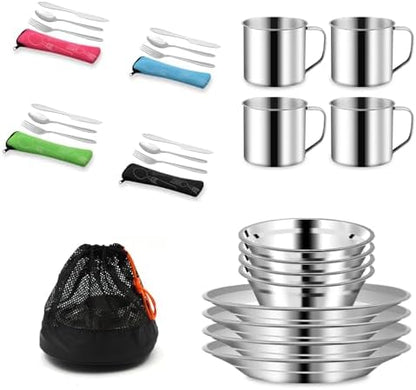 29pcs Stainless Steel Camping Tableware Kit for 4