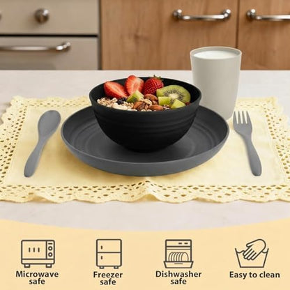 20 PCS Wheat Straw Plates and Bowls Sets,Kids Dishes Dinnerware Sets for 4,Unbreakable Kitchen Plates and Bowls Set for Travel Dishwasher & Microwave Safe Lightweight Dishes Set - BlackGrey