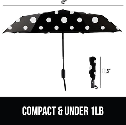 GORILLA GRIP Strong Stick Umbrella for Rain, Compact Travel One-Click Automatic Open Close, Lightweight, Portable, US Designed Reinforced Fiberglass Ribs, Wind Resistant, Easy Collapse, Polka Dots