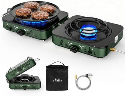 BIG HORN OUTDOORS 2 Burner Propane Camping Stove, Portable Camp Stove, Folding Gas Stove, Includes Frying Pan & Carry Bag for Camping, Emergency Use and Outdoor Cooking