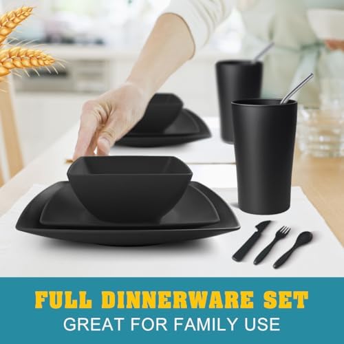 Teivio 44-piece With Flatware Plates and Bowls Sets, Black Dishes Set for 4