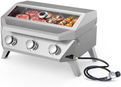 Bestfire 3-Burner Tabletop Propane Gas Grill, 30,000 BTU Portable Propane BBQ Grill with Viewing Glass Lid & Thermometer, Stainless Steel Outdoor Cooking Grill for Camping, RV, Patio and Tailgating