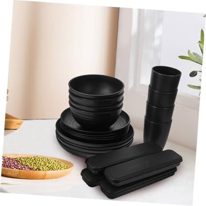 Black Bowl Plate Dinnerware Set 4 Sets Xmas Portable Reusable PP Picnic