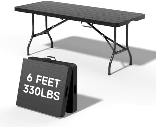 Heavy Duty Folding Table, Sturdy Portable Foldable Table with Safety Lock, Indoor Outdoor Use for Camping Party, 6/8 Foot (Standard, Black-Wood Grain, 6FT-2 Pack)