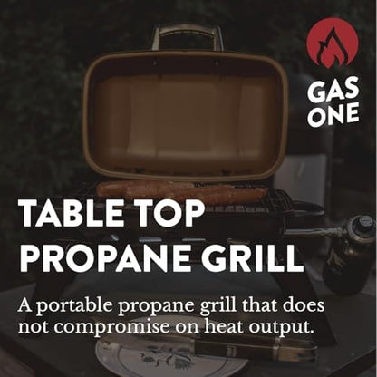 GasOne Tabletop Propane Grill – Portable Grill Propane with Heat Resistant Handles, Large Cooking Surface – User Friendly Temperature Control Knob Portable Gas Grill for RV, Camping, Home – Tan Brown