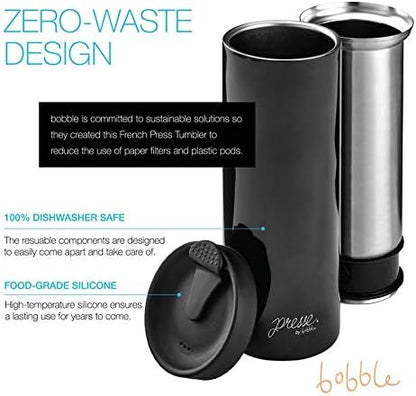 bobble French Coffee Presse, On-The-Go use, Quick Brew, Slim Design, Triple Wall Insulation, 14 oz (Black)