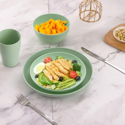 Camping Plates Cups and Bowls Set Green Reusable Microwave Safe Lightweight Unbreakable Plastic Dishes Set for Elderly Kitchen Adults Outdoor,32 Pcs Holiday Dinnerware Sets for 8