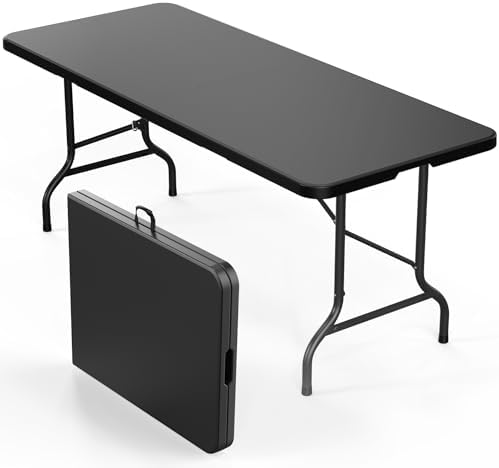 Bonnlo Folding Table 6ft, Portable Collapsible Plastic Black Long Tables for Party, Camping, Banquet, Craft, Dining, Wedding, Outdoor and Indoor Use