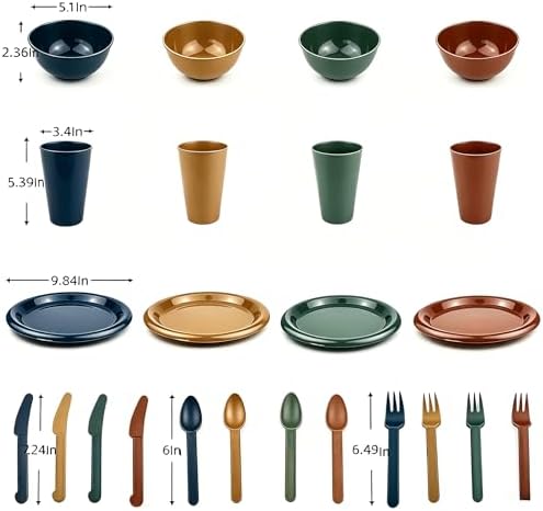 Plastic Plates and Bowls Sets Dinnerware Set Dishes Set for 4,College Dorm Room Essentials,Camping Plates and Bowls with Tumbler,Knives,Forks and Spoons,Mess Kit,Microwave Safe,BPA Free-Multicolor