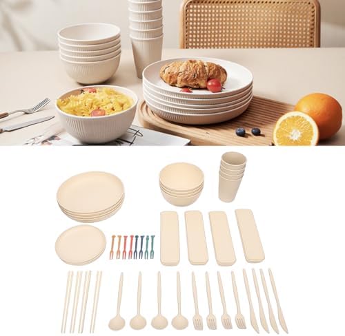 Generic 4 People Dinnerware Sets, Shatterproof Plates Bowls Cups Set, Lightweight Storage Box with Dishwasher & Microwave Safe, Ideal for Home, Camping, Picnic & Party