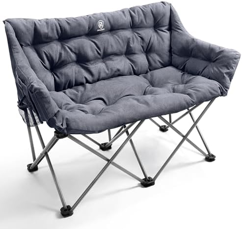 EVER ADVANCED Double Camping Chair for Adults, Padded Folding Camping Love Seat Bench with Side Pocket Portable Camping Couch, Two Person Heavy Duty Folding Outdoor Chair with Cushion,Support 600lbs