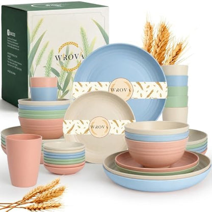 Wrova Wheat Straw Dinnerware Sets for 8, Kitchen Plates Bowls and Cups Set