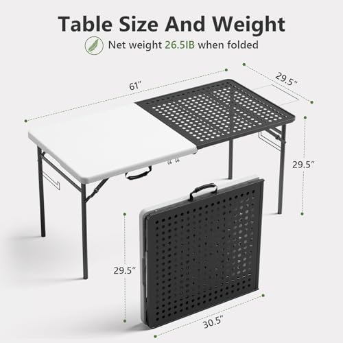 Folding Table, 5ft Folding Grill Table, Portable Camping Prep Table for Cooking & BBQ, 2-in-1 Metal&Solid Surface Foldable Grill Station for Camping, Backyard, Patio Cooking Use,(Black and White)