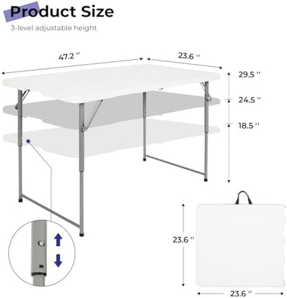 Folding Table 4 Foot,Portable Heavy Duty Plastic Utility Table,White