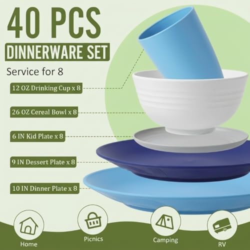 Dinnerware Set 40 PCS Wheat Straw Dishes Set - Service for 8 Unbreakable Plastic Dish Set Microwave Safe Plates and Bowls Sets Lightweight Cups Sets Outdoor Dishes - Island Colors
