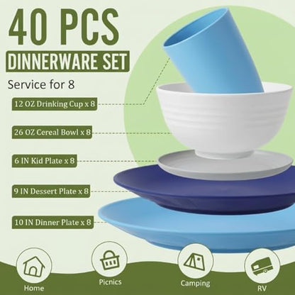 Dinnerware Set 40 PCS Wheat Straw Dishes Set - Service for 8 Unbreakable Plastic Dish Set Microwave Safe Plates and Bowls Sets Lightweight Cups Sets Outdoor Dishes - Island Colors