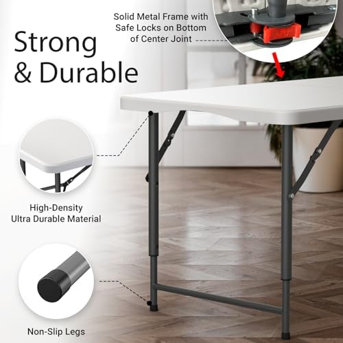 2 PACK of 4 Feet Foldable Table with Built in Handle & Steel Legs | 4 Foot Heavy Duty Portable | Perfect for Party, Dining, Wedding, Events, Picnic Indoor, Outdoor, Camping, Temporary