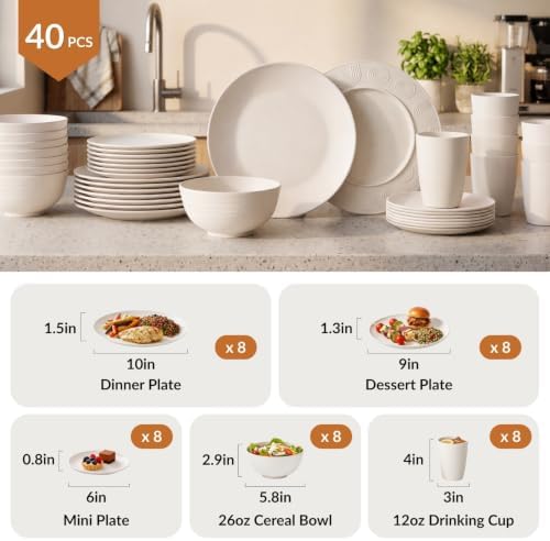 Homienly Wheat Straw Dinnerware Set,40-Piece Dish Set for 8, Dinner Plates, Dessert Plate, Cereal Bowls, Cups, Appetizer Plates,Reusable Dinner Plates Kids Plates and Bowls Sets, White