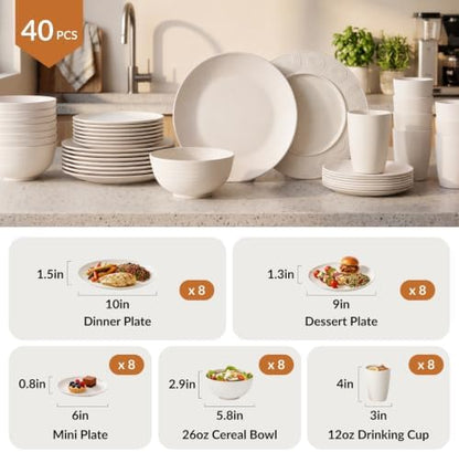 Homienly Wheat Straw Dinnerware Set,40-Piece Dish Set for 8, Dinner Plates, Dessert Plate, Cereal Bowls, Cups, Appetizer Plates,Reusable Dinner Plates Kids Plates and Bowls Sets, White