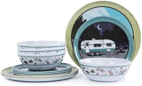 Melamine Dinnerware Set, 12-Piece Camping Dishes, Service for 4