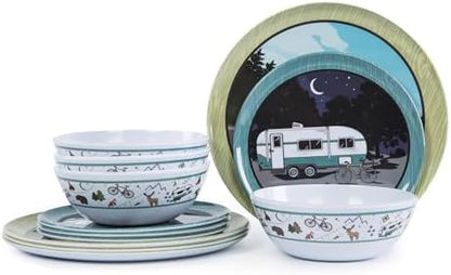 Melamine Dinnerware Set, 12-Piece Camping Dishes, Service for 4