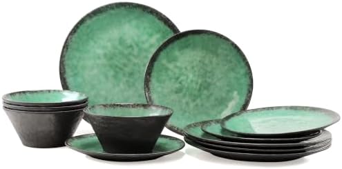 Melamine Dinnerware Sets for 4, 12 Pcs Plates and Bowls set, Green
