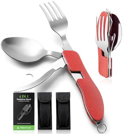 Hikenture Camping Utensils,4-in-1 Fork Spoon Knife Set(Red 2pack)