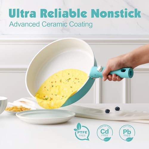 SENSARTE 24 Piece Ceramic Detachable Handle Pots and Pans Set Turquoise