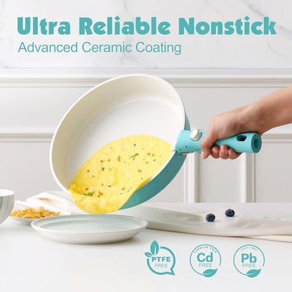 SENSARTE 24 Piece Ceramic Detachable Handle Pots and Pans Set Turquoise