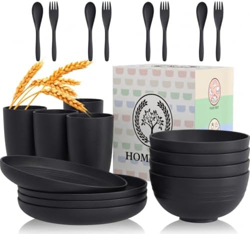 Homienly Wheat Straw Dinnerware Sets, Homienly 20pcs Unbreakable Microwave Dishwasher Safe Tableware Lightweight Bowls, Cups, Plates Set Reusable Dinner Plates Bowls set (Matte Black)