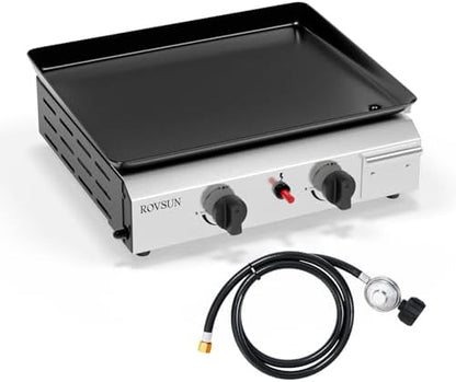 ROVSUN 2 Burner Portable Propane Griddle with Electronic Ignition & Regulator, 20,000 BTU Tabletop Flat Top Gas Grill with Nonstick Enameled Tray for Outdoor Cooking Camping BBQ Tailgating Picnicking